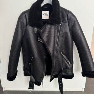 ZARA BLACK FAUX LEATHER SHEARLING FUR DOUBLE FACED BIKER JACKET MOTO COAT NEW